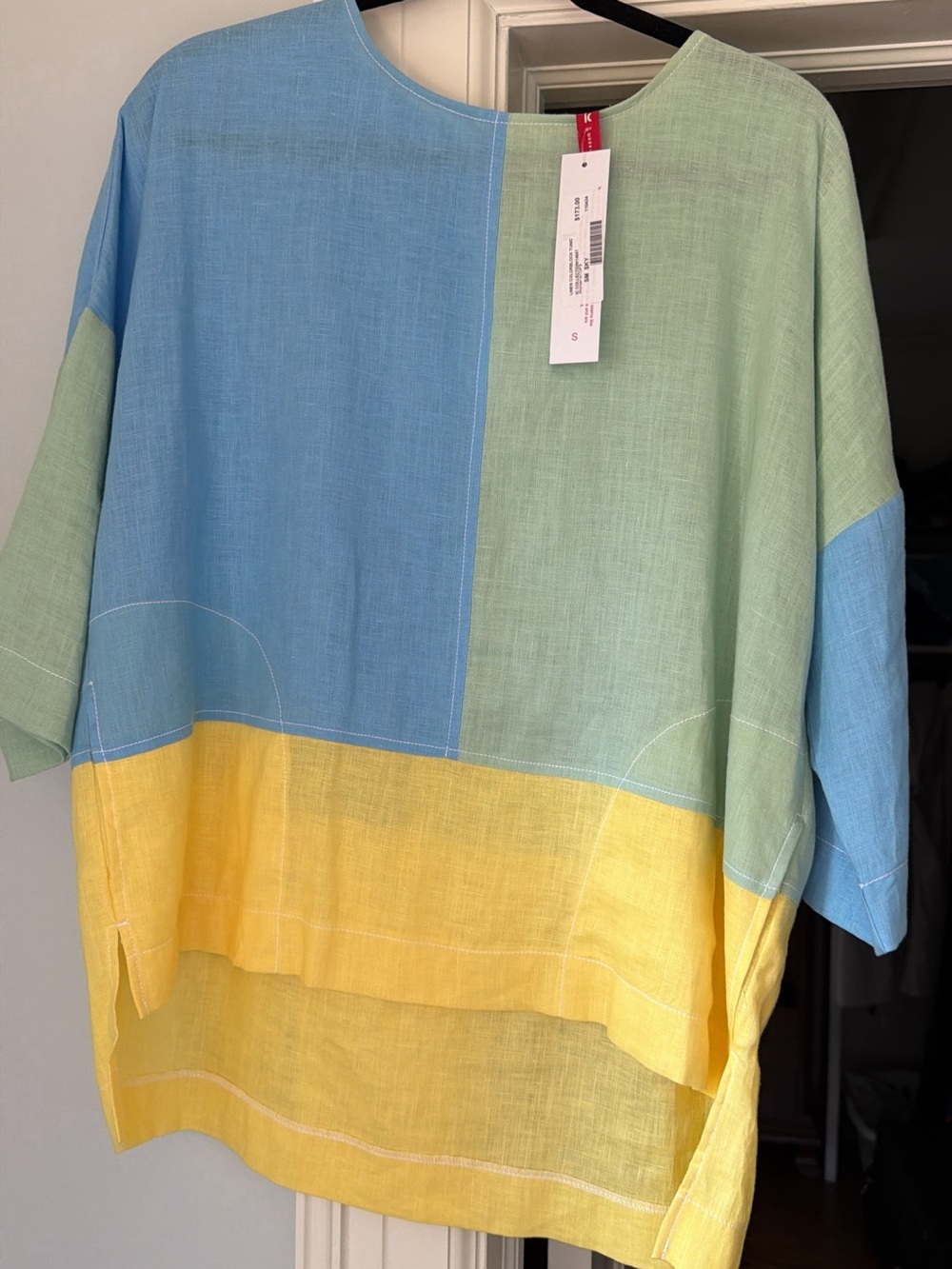 Colorblock Linen Shirt in Blue, Green & Yellow